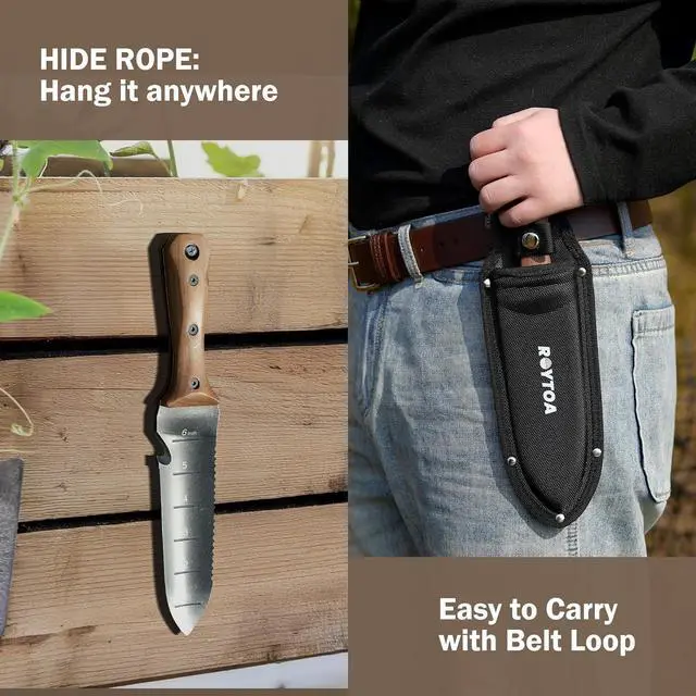 Alt view image 5 of 7 - Hori Hori Garden Knife, Garden Tools with Sheath for Weeding,Planting,Digging, 7" Stainless Steel Blade with Cutting Edge, Full-Tang Walnut Wood Handle with Hanging Hole