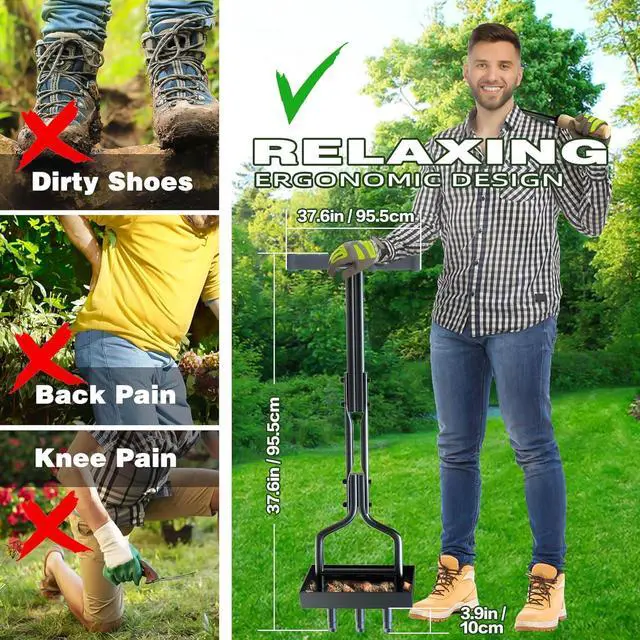 Alt view image 4 of 7 - Manual Lawn Aerator with Tray & 3 Hollow Slots Manual Soil Corer Collector Lawn Plug Core Aeration Tool Heavy Duty Lawn Core for Soils & Lawns Yard Garden, 37.6 inches, Black