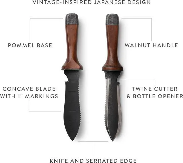 Alt view image 3 of 7 - Barebones Hori Hori Ultimate - Garden Knife with Double-Edged Tempered Steel Blade, Walnut Handle, Ambidextrous Use, Japanese Knife Garden Tool for Weeding and Gardening (Tool Only)