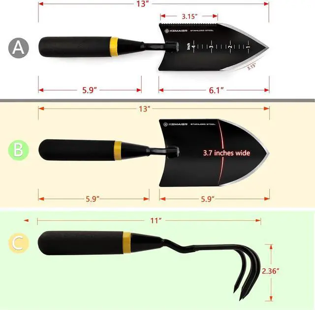 Alt view image 4 of 5 - Heavy Duty Stainless Steel Garden Tool Set - Thoughtfully Crafted for Outdoor Patio Use, Perfect Both Men and Women. Includes Gardening Trowel, Transplanting Shovel, Hand Cultivators black