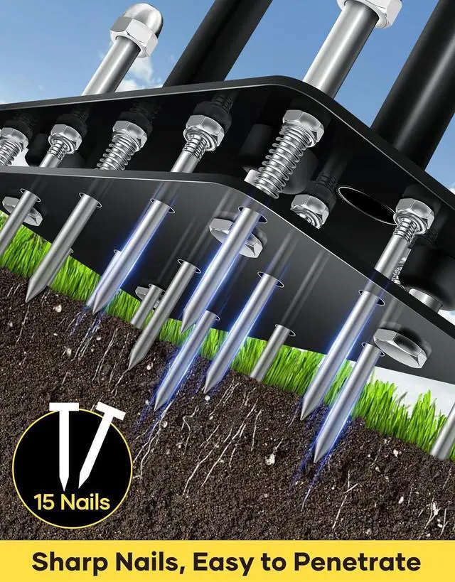 Alt view image 6 of 7 - Lawn Aerator Tool, Manual Metal Spike Aerator Lawn Tool with Spring Base, Automatic Leaf and Dirt Cleaning, Grass Aerator for Lawn Care, Soil Loosening, Yard Aerating, Garden Tool