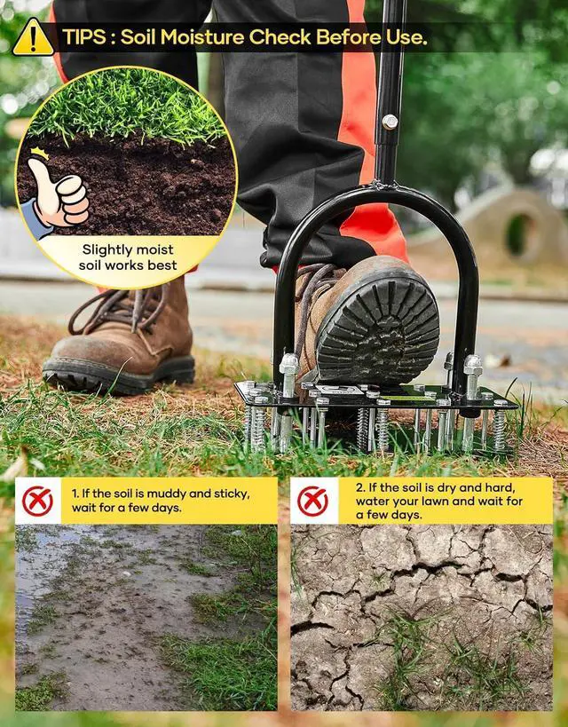 Alt view image 7 of 7 - Lawn Aerator Tool, Manual Metal Spike Aerator Lawn Tool with Spring Base, Automatic Leaf and Dirt Cleaning, Grass Aerator for Lawn Care, Soil Loosening, Yard Aerating, Garden Tool