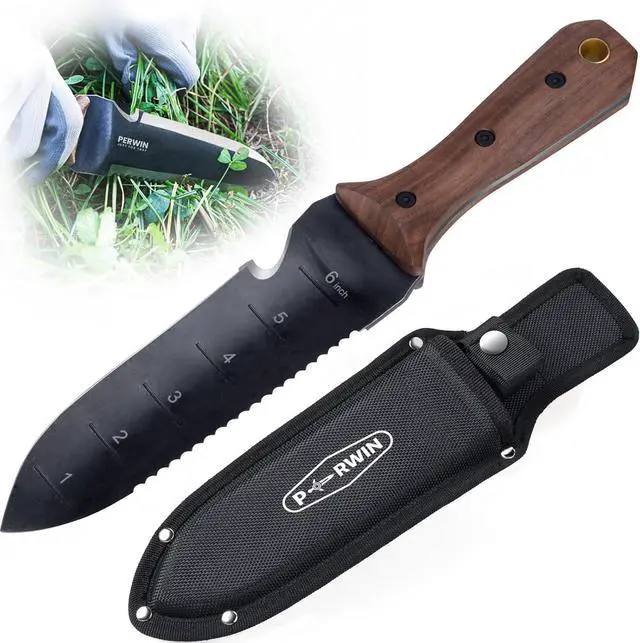 Main image of Hori Hori Garden Knife, Garden Tools with Sheath for Weeding,Planting,Digging, 7" Stainless Steel Blade with Cutting Edge, Full-Tang Wood Handle with Hanging Hole