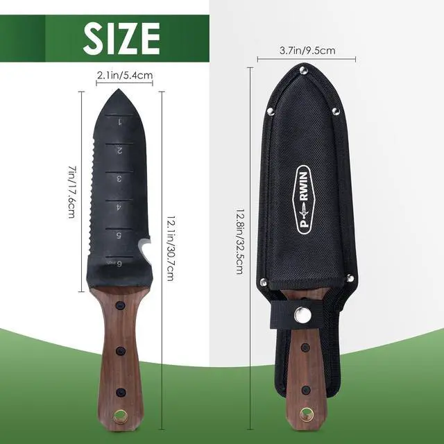 Alt view image 2 of 7 - Hori Hori Garden Knife, Garden Tools with Sheath for Weeding,Planting,Digging, 7" Stainless Steel Blade with Cutting Edge, Full-Tang Wood Handle with Hanging Hole