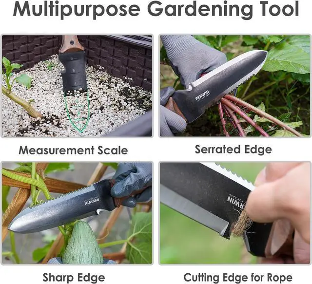 Alt view image 3 of 7 - Hori Hori Garden Knife, Garden Tools with Sheath for Weeding,Planting,Digging, 7" Stainless Steel Blade with Cutting Edge, Full-Tang Wood Handle with Hanging Hole