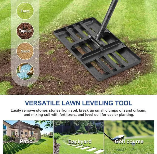 Alt view image 6 of 7 - Lawn Leveling Rake | Levelawn Tool | Level Soil or Dirt Ground Surfaces Easily | 18 x 10 Ground Plate | rakes for lawns Heavy Duty 72 Extra Long Handle | Extracted Iron Metal Black