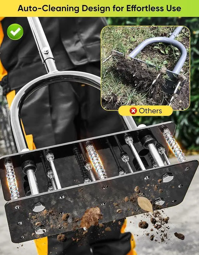 Alt view image 2 of 7 - Lawn Aerator Tool, Manual Metal Spike Aerator Lawn Tool with Spring Base, Automatic Leaf and Dirt Cleaning, Grass Aerator for Lawn Care, Soil Loosening, Yard Aerating, Garden Tool