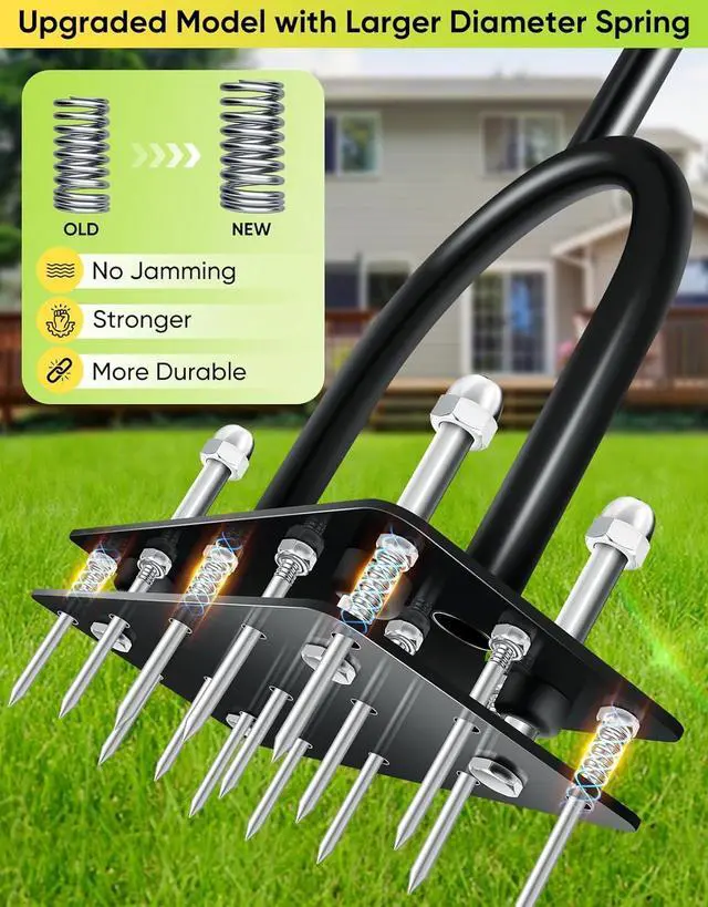 Alt view image 3 of 7 - Lawn Aerator Tool, Manual Metal Spike Aerator Lawn Tool with Spring Base, Automatic Leaf and Dirt Cleaning, Grass Aerator for Lawn Care, Soil Loosening, Yard Aerating, Garden Tool