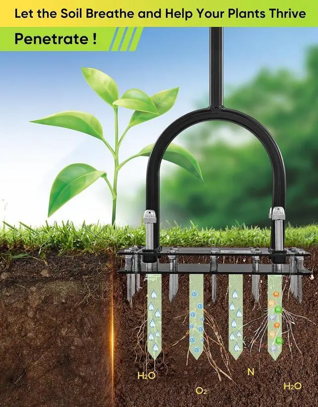 Alt view image 4 of 7 - Lawn Aerator Tool, Manual Metal Spike Aerator Lawn Tool with Spring Base, Automatic Leaf and Dirt Cleaning, Grass Aerator for Lawn Care, Soil Loosening, Yard Aerating, Garden Tool