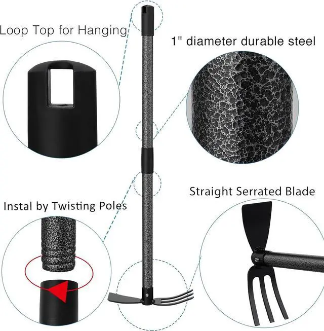 Alt view image 6 of 7 - Hoe and Cultivator Gardening Hand Tools, Heavy Duty Stainless Steel Garden Hoe and 3 Fork Hand Tiller for Gardening Weeding Planting with Adjustable Handle 30 inch