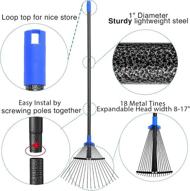 Alt view image 7 of 7 - Metal Rake for Leaves Heavy Duty, Adjustable Garden Leaf Rake with Expandable Head 8-17", Shrub Pine Needle Kids Hand Yard Rake Garden Tool