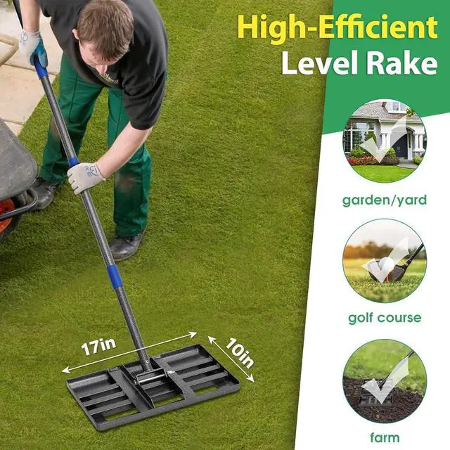 Alt view image 2 of 7 - Rake, Lawn Leveling Rake, 5 FT Lawn Leveler with 17 x 10 Small Rakes Head for Smooth Garss Soil Dirt Sand, High Effect Long Handle Ground Leveling Tool with Round Edge for Yard Garden, No Flip