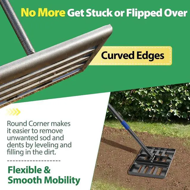 Alt view image 4 of 7 - Rake, Lawn Leveling Rake, 5 FT Lawn Leveler with 17 x 10 Small Rakes Head for Smooth Garss Soil Dirt Sand, High Effect Long Handle Ground Leveling Tool with Round Edge for Yard Garden, No Flip