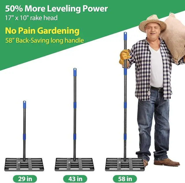 Alt view image 5 of 7 - Rake, Lawn Leveling Rake, 5 FT Lawn Leveler with 17 x 10 Small Rakes Head for Smooth Garss Soil Dirt Sand, High Effect Long Handle Ground Leveling Tool with Round Edge for Yard Garden, No Flip