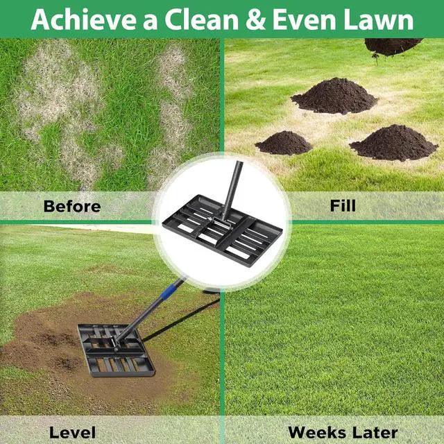 Alt view image 7 of 7 - Rake, Lawn Leveling Rake, 5 FT Lawn Leveler with 17 x 10 Small Rakes Head for Smooth Garss Soil Dirt Sand, High Effect Long Handle Ground Leveling Tool with Round Edge for Yard Garden, No Flip