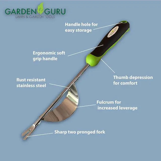 Alt view image 2 of 7 - Garden Guru Dandelion Weeder Tool with Ergonomic Handle & Fulcrum - Stainless Steel Weed Puller for Planting, Weeding, Flower and Vegetable Care in Lawn Garden Yard | Rust Resistant