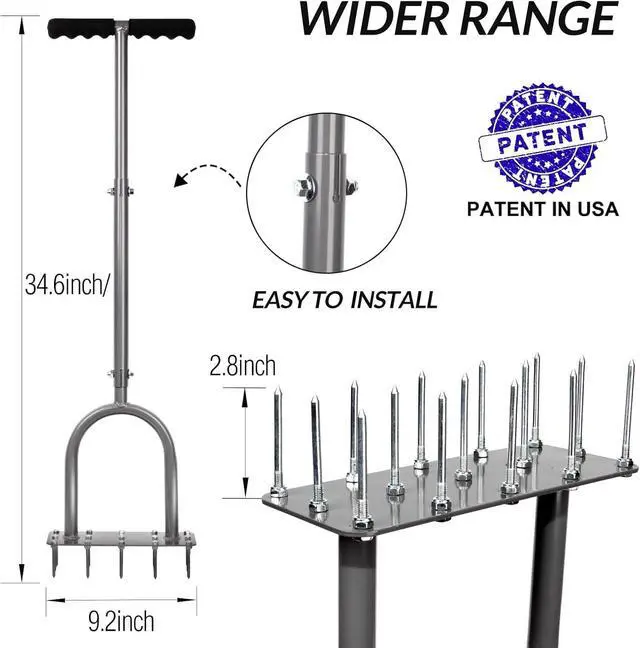Alt view image 2 of 7 - Walensee Lawn Aerator Spike Metal Manual Dethatching Soil Aerating Lawn with 15 Iron Spikes, Pre-Assembled Grass Aerator Tools for Yard, Lawn Aeration, Garden Tool, Revives Lawn Health, Patented