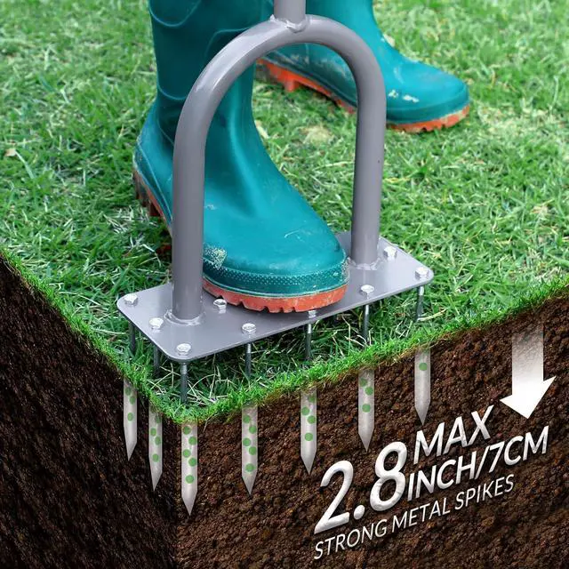 Alt view image 3 of 7 - Walensee Lawn Aerator Spike Metal Manual Dethatching Soil Aerating Lawn with 15 Iron Spikes, Pre-Assembled Grass Aerator Tools for Yard, Lawn Aeration, Garden Tool, Revives Lawn Health, Patented