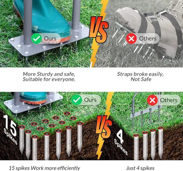 Alt view image 4 of 7 - Walensee Lawn Aerator Spike Metal Manual Dethatching Soil Aerating Lawn with 15 Iron Spikes, Pre-Assembled Grass Aerator Tools for Yard, Lawn Aeration, Garden Tool, Revives Lawn Health, Patented