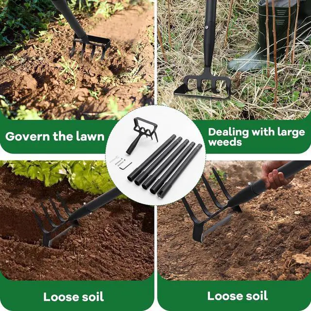 Alt view image 6 of 7 - Garden Hoe, 72 Inch Soil Tiller Cultivator Stirrup Hoe, Heavy Duty 2-in-1 Garden Tool with Adjustable Long Handle, Action Scuffle Loop Hoe with Rake for Flower Beds, Garden Loosening Weeding Digging