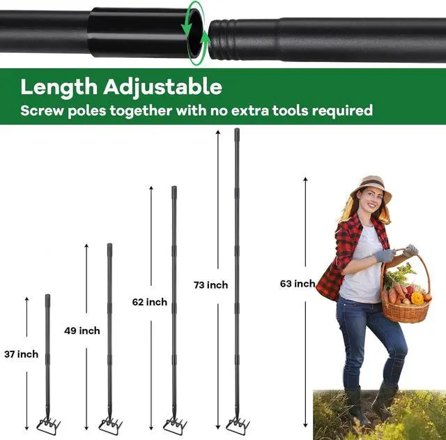 Alt view image 7 of 7 - Garden Hoe, 72 Inch Soil Tiller Cultivator Stirrup Hoe, Heavy Duty 2-in-1 Garden Tool with Adjustable Long Handle, Action Scuffle Loop Hoe with Rake for Flower Beds, Garden Loosening Weeding Digging