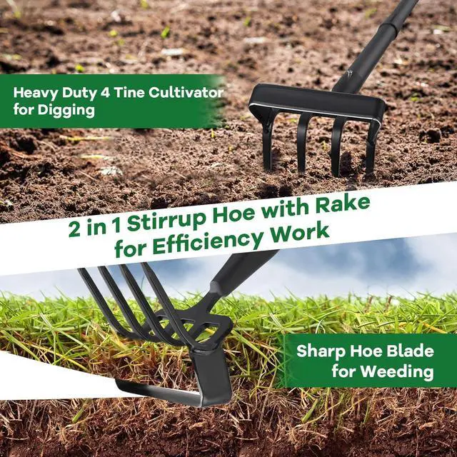 Alt view image 3 of 7 - Garden Hoe, 72 Inch Soil Tiller Cultivator Stirrup Hoe, Heavy Duty 2-in-1 Garden Tool with Adjustable Long Handle, Action Scuffle Loop Hoe with Rake for Flower Beds, Garden Loosening Weeding Digging