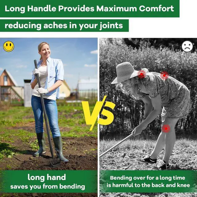 Alt view image 4 of 7 - Garden Hoe, 72 Inch Soil Tiller Cultivator Stirrup Hoe, Heavy Duty 2-in-1 Garden Tool with Adjustable Long Handle, Action Scuffle Loop Hoe with Rake for Flower Beds, Garden Loosening Weeding Digging