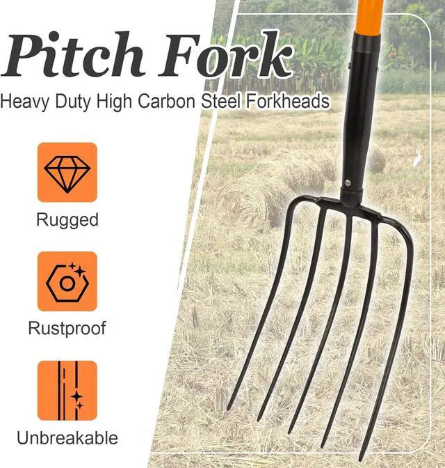 Alt view image 4 of 7 - 5 Tine Pitchfork for Gardening, Heavy Duty Pitchfork with Fiberglass Handle, Garden Fork for Mulching, 58 Inches