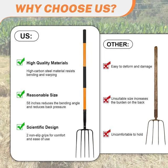 Alt view image 5 of 7 - 5 Tine Pitchfork for Gardening, Heavy Duty Pitchfork with Fiberglass Handle, Garden Fork for Mulching, 58 Inches