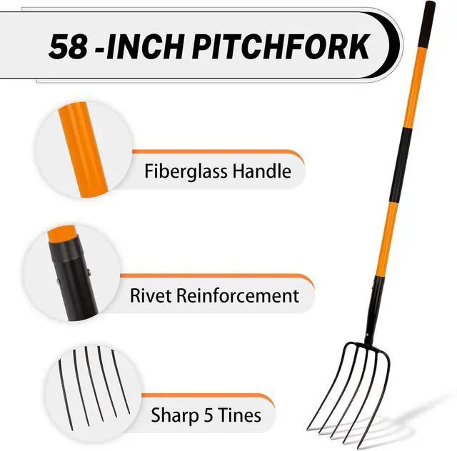 Alt view image 6 of 7 - 5 Tine Pitchfork for Gardening, Heavy Duty Pitchfork with Fiberglass Handle, Garden Fork for Mulching, 58 Inches