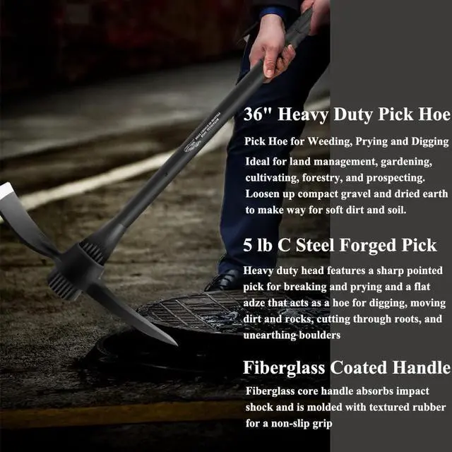 Alt view image 6 of 7 - glorousamc Forged Adze Pick, Weeding Mattock Hoe Pick Mattock with Fiberglass Handle, Garden Pick, Great for Loosening Soil, Archaeological Projects (5LB-with 36" Fiberglass Handle)