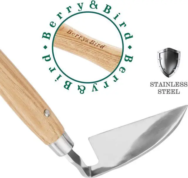 Alt view image 7 of 7 - Berry&Bird Japanese Weeder-Scraper-Hoe, 12.67-Inch Gardening Sickle Hoe, Stainless Steel Bent Angle Weeding Sickle, Weeder Hoe with Ergonomic Ash Wood Handle for Weeding, Soil loosening, Digging