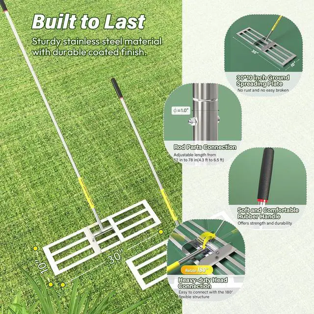 Alt view image 3 of 7 - Lawn Leveling Rake, 30 x 10 inch Lawn Leveler Rake with Adjustable Stainless Steel Handle, Lawn Level Tool for Soil with Handle for Yard, Garden, Golf Leveling, 6.5FT