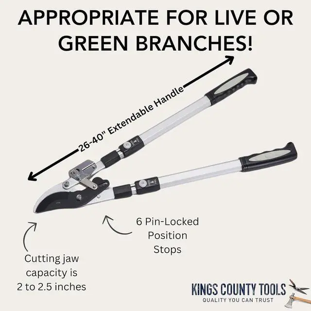 Alt view image 5 of 7 - Kings County Tools Double Ratcheting Bypass Lopper | Cuts Green Wood | Extendable 26"40" Long Handles | Trim Tree or Bush Branches | 6 Pin-Locked Position Stops | Heavy-Duty Steel