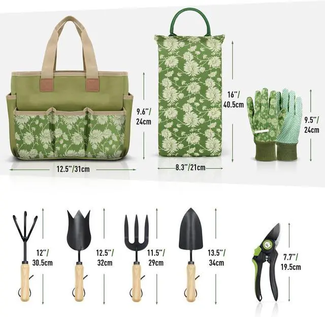 Alt view image 3 of 7 - Colwelt Garden Tools Set, 8 Piece, Heavy Duty Gardening Tools with Wooden Handle, Including Garden Tote, Kneeling Pad, Gloves, Pruner, Trowel, Tulip Trowel, Cultivator - Gardening Gifts for Women Men