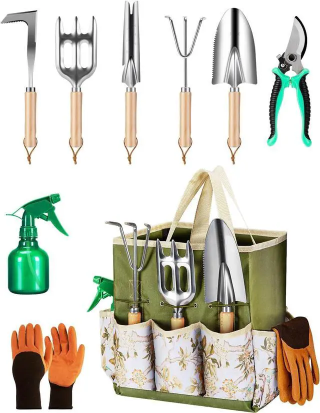 Main image of 9-Piece Premium Gardening Tool Set for Women - Heavy Duty Stainless Steel Rust-Proof Tools with Fashion Storage Tote | Perfect Gardening Gifts for Mom, Mother's Day, Birthday & Outdoor (Green)