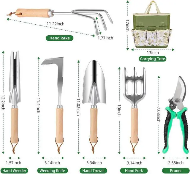 Alt view image 3 of 7 - 9-Piece Premium Gardening Tool Set for Women - Heavy Duty Stainless Steel Rust-Proof Tools with Fashion Storage Tote | Perfect Gardening Gifts for Mom, Mother's Day, Birthday & Outdoor (Green)