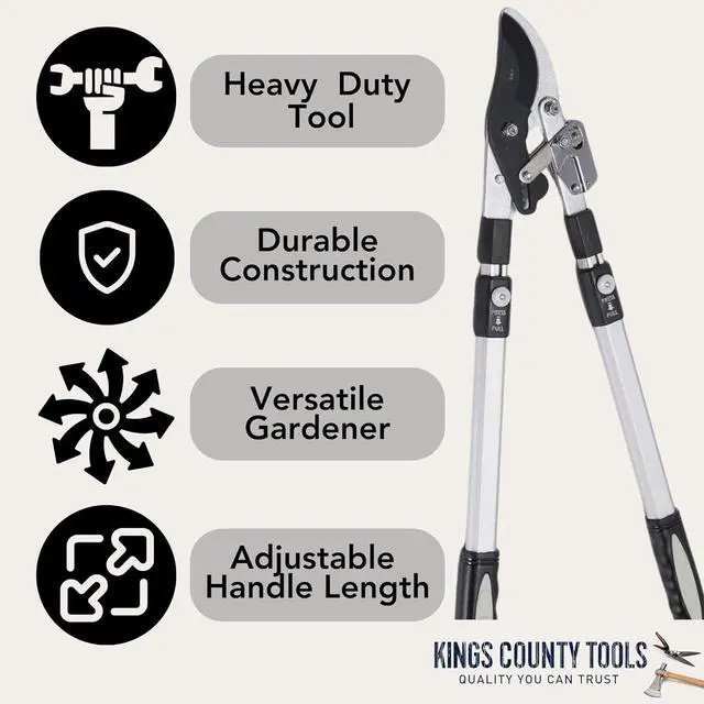 Alt view image 4 of 7 - Kings County Tools Double Ratcheting Bypass Lopper | Cuts Green Wood | Extendable 26"40" Long Handles | Trim Tree or Bush Branches | 6 Pin-Locked Position Stops | Heavy-Duty Steel