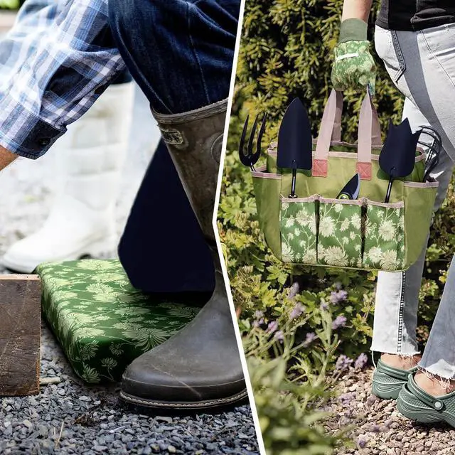 Alt view image 7 of 7 - Colwelt Garden Tools Set, 8 Piece, Heavy Duty Gardening Tools with Wooden Handle, Including Garden Tote, Kneeling Pad, Gloves, Pruner, Trowel, Tulip Trowel, Cultivator - Gardening Gifts for Women Men