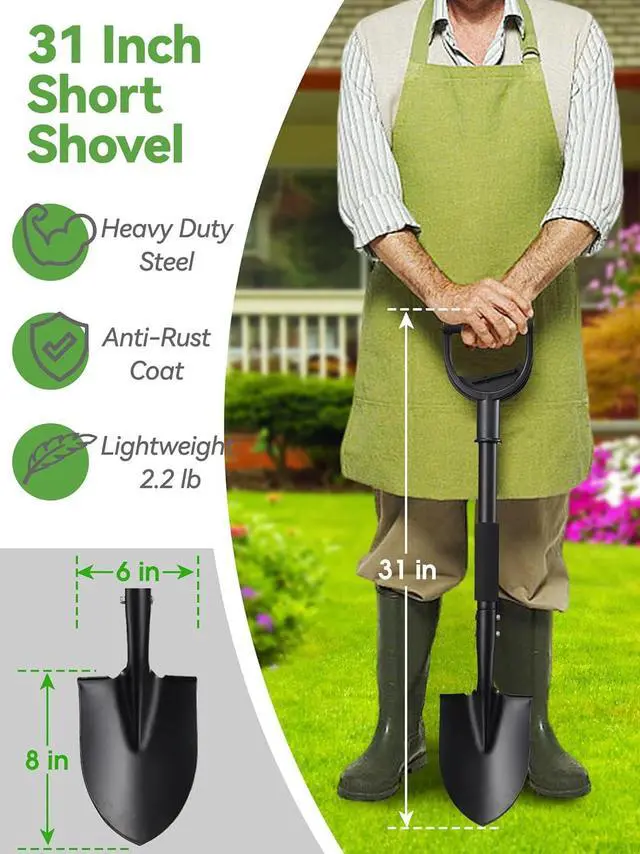 Alt view image 2 of 6 - Shovel, Small Garden Shovels for Digging Gardening Heavy Duty, 31 inches Kids Sand Beach Shovel with D-Handle, Round Point Blade, Comfort Grip, Camping, Off Road Short Mini Metal Spade