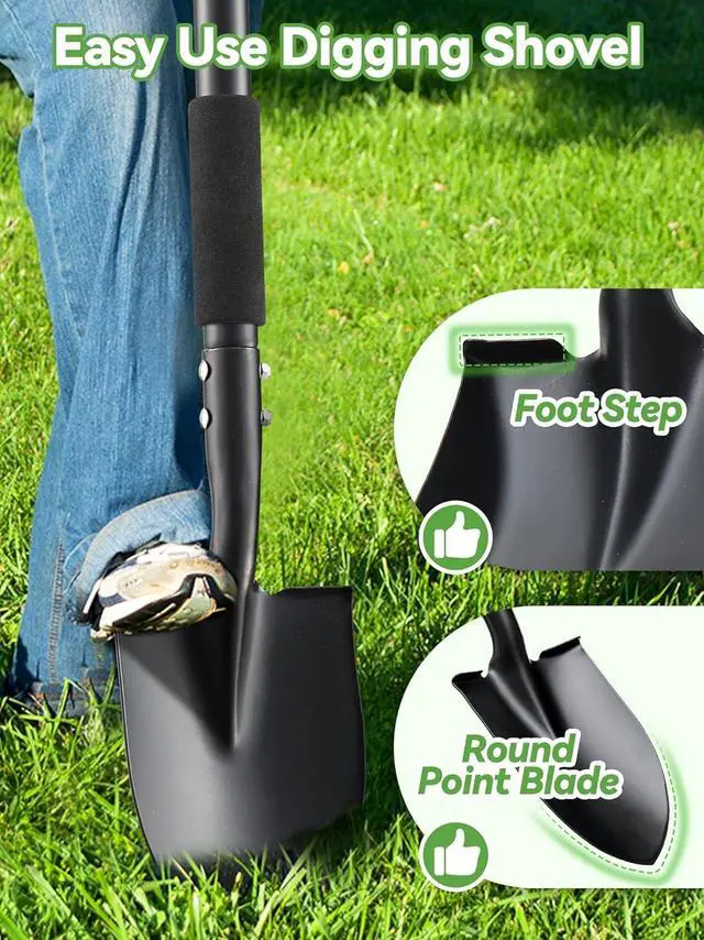 Alt view image 4 of 6 - Shovel, Small Garden Shovels for Digging Gardening Heavy Duty, 31 inches Kids Sand Beach Shovel with D-Handle, Round Point Blade, Comfort Grip, Camping, Off Road Short Mini Metal Spade