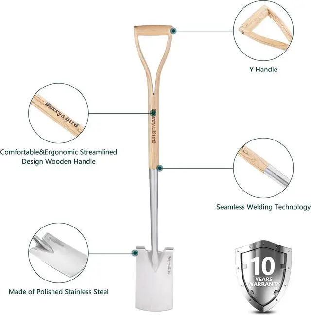 Alt view image 6 of 6 - Berry&Bird Garden Digging Spade, 41" Stainless Steel Square Border Spade, Heavy Duty European Shovel with D-Grip Handle, Traditional English Style Flat Shovel for Digging, Yard Work, Transplanting