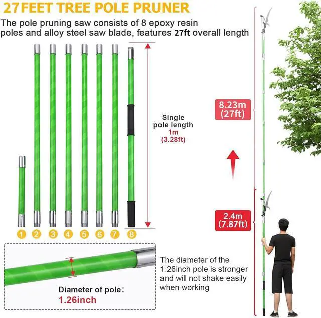 Alt view image 4 of 7 - 27 Feet Tree Pole Pruner Manual Branches Trimmer Tree Branch Garden Tools Loppers Hand Pole Saws Extendable Height Adustable System for Sawing and Shearing