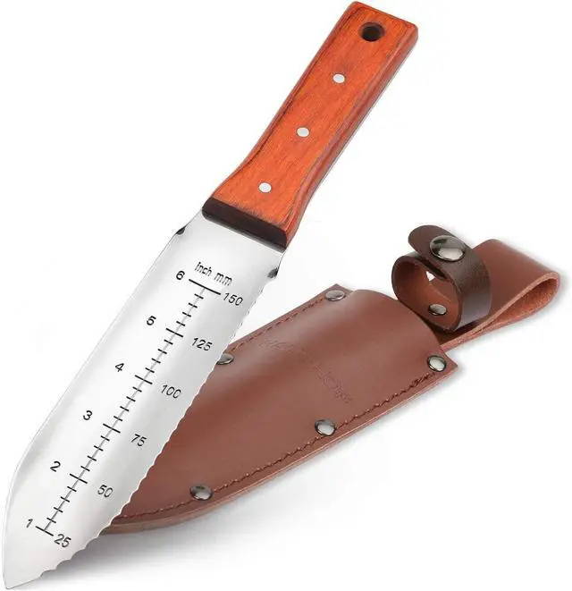 Main image of HAUSHOF Hori Hori Garden Knife 7Stainless Steel Serrated Blade with Cutting Edge, Gardening Tool with Leather Sheath for Weeding, Planting, Digging, Wood Handle with Hanging Hole