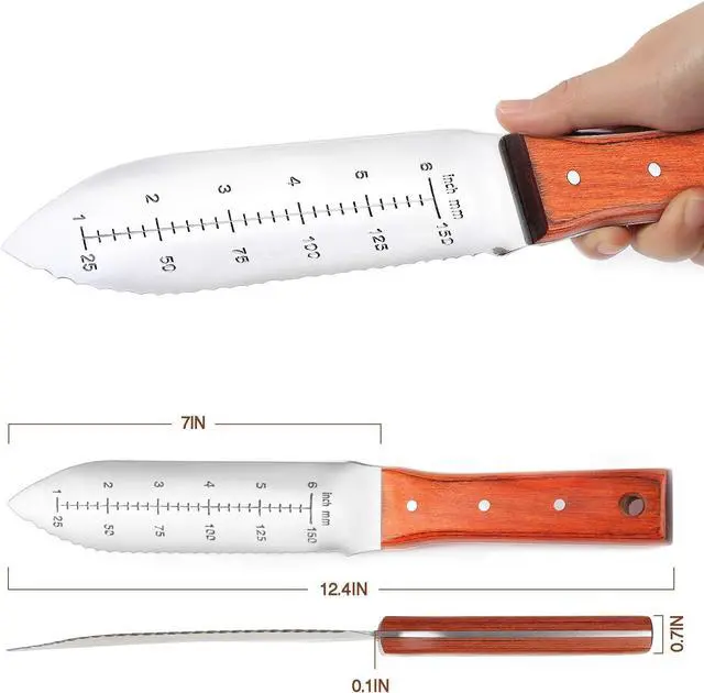 Alt view image 3 of 7 - HAUSHOF Hori Hori Garden Knife 7Stainless Steel Serrated Blade with Cutting Edge, Gardening Tool with Leather Sheath for Weeding, Planting, Digging, Wood Handle with Hanging Hole