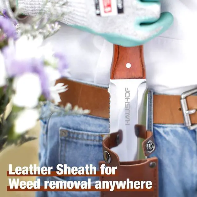 Alt view image 5 of 7 - HAUSHOF Hori Hori Garden Knife 7Stainless Steel Serrated Blade with Cutting Edge, Gardening Tool with Leather Sheath for Weeding, Planting, Digging, Wood Handle with Hanging Hole