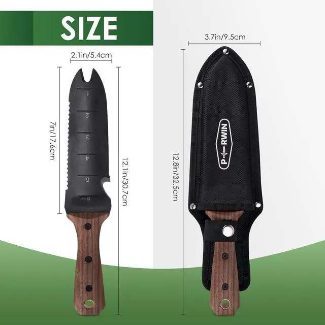 Alt view image 2 of 7 - Hori Hori Garden Knife, Garden Tools with Sheath for Weeding,Planting,Digging, 7" Stainless Steel Blade with Cutting Edge, Full-Tang walnut Wood Handle with Hanging Hole