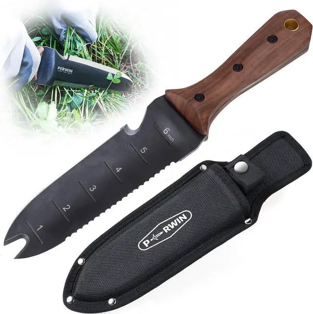 Main image of Hori Hori Garden Knife, Garden Tools with Sheath for Weeding,Planting,Digging, 7" Stainless Steel Blade with Cutting Edge, Full-Tang walnut Wood Handle with Hanging Hole