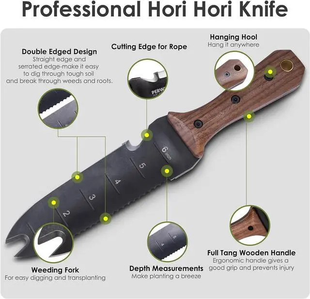 Alt view image 4 of 7 - Hori Hori Garden Knife, Garden Tools with Sheath for Weeding,Planting,Digging, 7" Stainless Steel Blade with Cutting Edge, Full-Tang walnut Wood Handle with Hanging Hole
