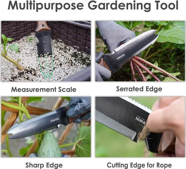 Alt view image 3 of 7 - Hori Hori Garden Knife, Garden Tools with Sheath for Weeding,Planting,Digging, 7" Stainless Steel Blade with Cutting Edge, Full-Tang walnut Wood Handle with Hanging Hole